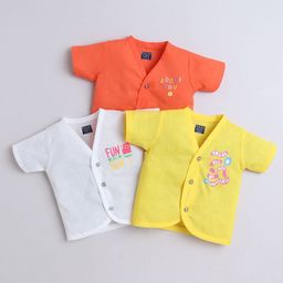 Polka Tots Cotton Woven Pack Of 3 Half Sleeves Typography & Donut Printed Jhablas - Orange White & Yellow-image-7