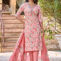 Anouk Women Floral Printed V-Neck Pure Cotton Kurta with Trousers & With Dupatta-picture-28