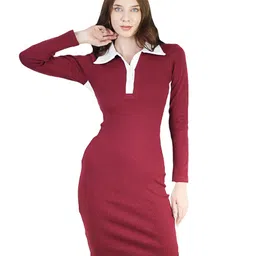 ARTYSKA Shirt Collar Long Sleeves Colourblocked Sheath Dress-56