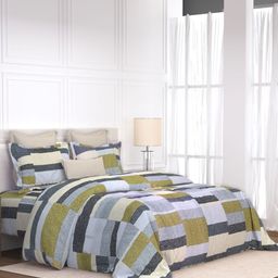 LABHAM Grey & Green Geometric 180 TC King Bedsheet with 2 Pillow Covers-3