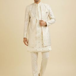 Manyavar Men Self Designed Mandarin Collar Sherwani Set-picture-41
