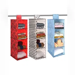 Aura Red & Blue 3 Pieces Printed Foldable 4 Shelf Hanging Closet Organisers-17