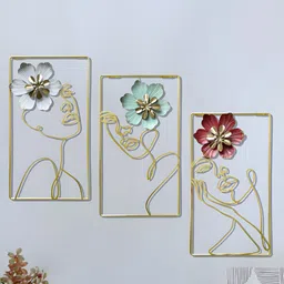 Art Street Pink & Gold-Toned 3 Piece Synthetic Wood Floral and Botanical Wall Paintings-42