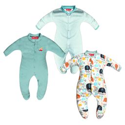 VParents Aqua Footed Baby Romper Pack of 3 - Green (Design May Vary)-image-46