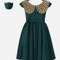 HEYKIDOO Cap Sleeves Flower Embroidered Neckline Dress With Matching Mask - Green-image-30