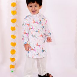 Little Bansi Full Sleeves Deer Print Kurta With Pyjama - Cream and White-image-10
