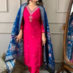 Moda Rapido Floral Embroidered Thread Work Chanderi Silk Kurta With Trousers & Dupatta-image-8