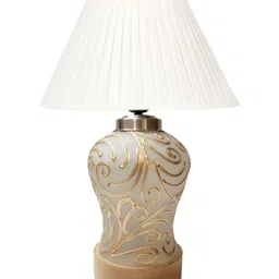 Aura Off White & Gold-Toned Frustum Shape Glass & Wooden Table Lamp-27