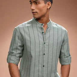 HIGHLANDER Men Comfort Relaxed Fit Band Collar Vertical Striped Casual Shirt-picture-12