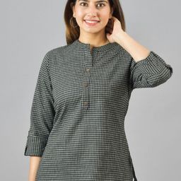 Suha Women Checked Mandarin Collar Cotton Top-picture-52