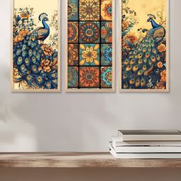 WALLLANE Brown & Navy Blue 3 Pieces Birds and Animals Traditional Printed Wooden Wall Art-30