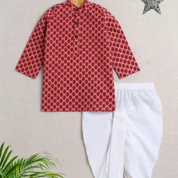 The Magic Wand Boys Floral Printed Band Collar Pure Cotton Straight Kurta With Dhoti Pants-31