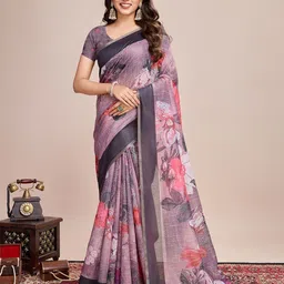 ODETTE Mauve Linen Printed Saree With Unstitched Blouse-1