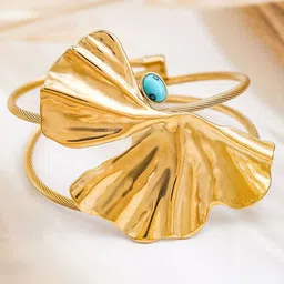Rubans 22K Gold-Plated Free Size Leaf Design Cuff Bracelet with Turquoise Accent-46