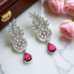The Pari Rhodium-Plated American Diamond Studded Leaf Shaped Drop Earrings-image-77