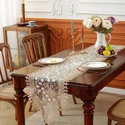 MONKDECOR White & Beige Embroidered TableRunners-10