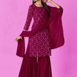 PARROT CREATION Geometric Embroidered Georgette Straight Kurta With Sharara & Dupatta-14