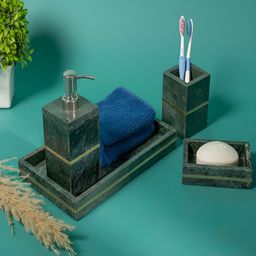 THREADVIBE LIVING Green & Gold-Toned 4 Pieces Abstract Marble Bath Accessories-1