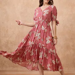 Globus Floral Print V-Neck Puff Sleeves Fit and Flare Midi Tiered Fusion Dress-image-64
