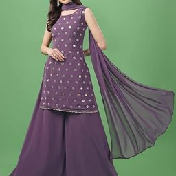 PARROT CREATION Women Embroidered Regular Sequinned Kurti with Sharara & With Dupatta-11