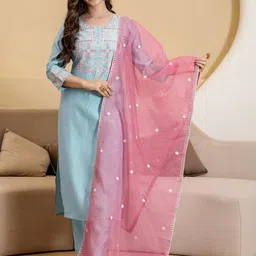 SANISA Women Ethnic Motifs Embroidered Regular Thread Work Kurta with Trousers & With Dupatta-image-53