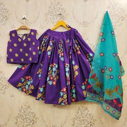 JOVK DESIGN Girls Kalamkari Printed Cotton Ready to Wear Lehenga & Blouse With Dupatta-image-48
