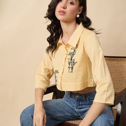 ZUMMER Tropical Embroidered Cotton Shirt Style Crop Top-image-45