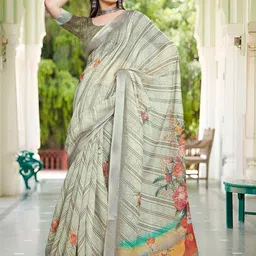 PHEASANT Striped Zari Pure Linen Block Printed Saree image 3