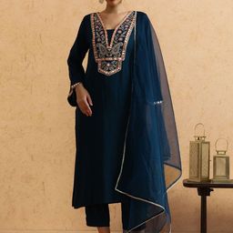 STYLEBAAZI Floral Embroidered Mirror Work Kurta With Trousers And Dupatta-image-11