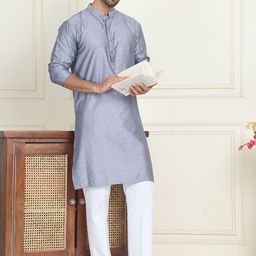 Anouk Grey Geometric Woven Design Mandarina Collar Kurta With Pyjamas-15