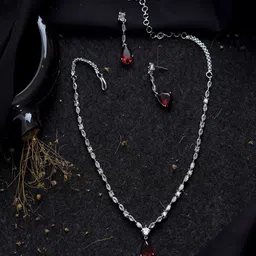 Gemron Jewel Rhodium-Plated Red American Diamond Studded Necklace with Earrings-image-51