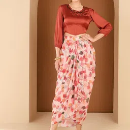 Antheaa Printed Top With Drapped Skirt Co-Ords-image-32