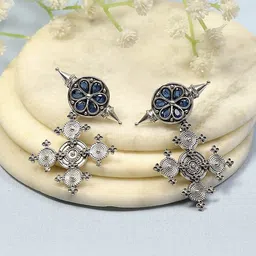 Biba Brass-Plated Artificial Stones Studded & Beaded Floral Shaped Oxidised Drop Earrings-14