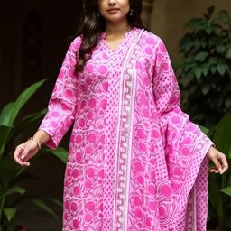 Indo Era Women Floral Printed Cotton Kurta with Trousers & Dupatta-picture-30