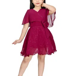BARKAT DESIGNING PLANET Girls Self Design V-Neck Fit and Flare Dress With Bow-image-23