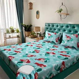 KLOTTHE Turquoise Blue Printed 400 TC Pure Cotton Fitted Double King Bedsheet Set-image-42