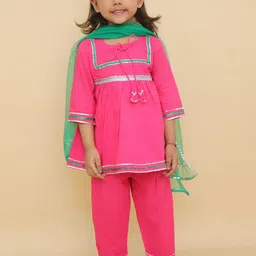 LITTLE GINNIE Girls Embroidered Pure Cotton Kurti With Salwar And Dupatta-50