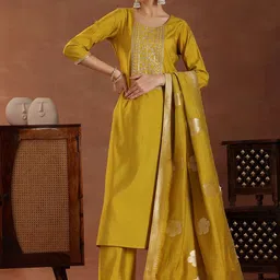 Libas Floral Yoke Design Zari Straight Kurta With Trousers And Dupatta-picture-37