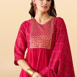 Anouk Rustic Floral Yoke Design Zari Pleated A-Line Kurta With Trousers & With Dupatta image 2