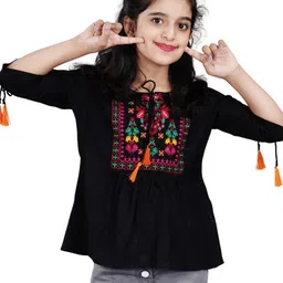 DMP FASHION Girls Ethnic Motifs Embroidery Tie-Up Neck Peplum Top-50