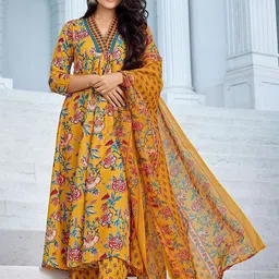 GUNDIA FASHION Floral Printed Mirror Work A-Line Pure Cotton Kurta with Palazzos & Dupatta-picture-8
