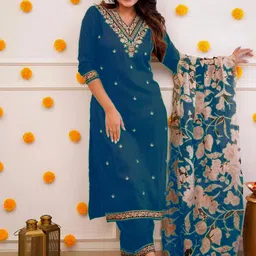 SUPPAR SLEAVE Teal Poly Chanderi Kurta Sets-picture-13