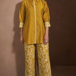 Anouk Mustard Floral Embroidered Mirror Work Shirt Collar Top & Trousers-picture-13