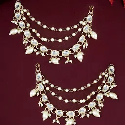 PRIVIU Gold-Plated Kundan Studded & Beaded 3 Layered Contemporary Ear Cuff-image-66