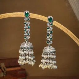 NAMAN ARTS Silver-Plated Stones Studded And Beaded Contemporary Oxidised Drop Earrings-image-3