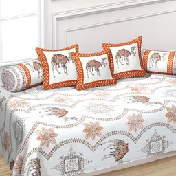 INDHOME LIFE 6Pcs White & Orange-Colored Printed Pure-Cotton 190TC Breathable Diwan Set-11