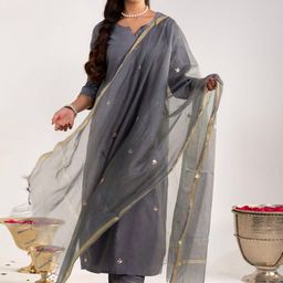 Piyuti Floral Embroidered Notch Neck Gotta Patti Pure Silk Kurta With Trouser And Dupatta-24