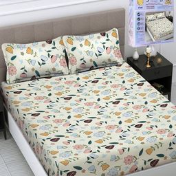 FABINALIV Peach-Coloured & Cream-Coloured Floral 300 TC King Bedsheet with 2 Pillow Covers-12