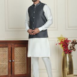 Anouk White Band Collar Straight Kurta With Pyjamas & Woven Design Nehru Jacket-19