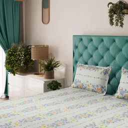 Status White & Blue Floral 104 TC Value King Bedsheet with 2 Pillow Covers- 2.2mx2.4m-74